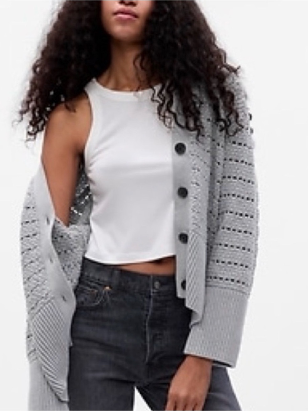 Gap Cardigan Sweater Womens S Gray Crochet Knit Cotton Button Front